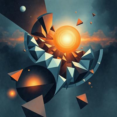 The primary subject of the image is a geometric artwork featuring a sun and a moon. The setting is a dark, cloudy sky, and the visual style is a combination of digital art and illustration. The dominant colors are orange and black, creating a moody and dramatic atmosphere. The artwork is composed of various geometric shapes, including triangles and squares, which are arranged to form the sun and the moon.